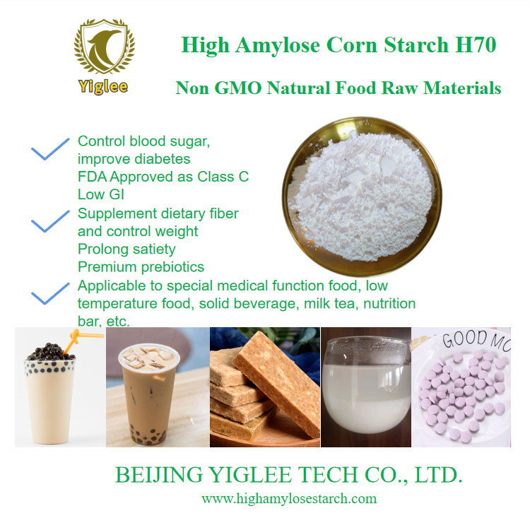 Beijing YIGLEE TECH Hoge amylose Maïszetmeel H70 Prebiotica Hoge amylose RS2 Maïs resistent zetmeel Lage GI Niet-GGO